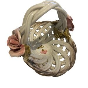 Vintage RARE Capodinonte Woven ceramic basket with roses Italy home decor